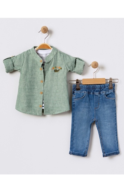 Bebüş Хлопчачий літній комплект з 3 предметів: сорочка з льону в смужку, футболка та джинси 15862