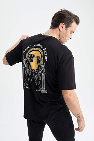 DeFacto Oversize φαρδύ λαιμόκοψη με στάμπα με κοντό μανίκι 100% βαμβακερό μπλουζάκι Z6083AZ23SM