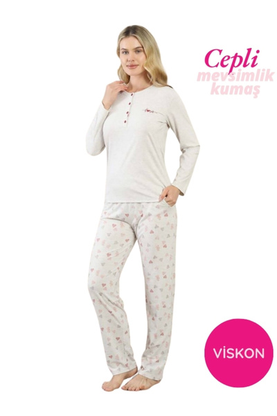 ALİMER Women's Gray Heart Patterned Buttoned Lycra Viscose Long Sleeve Pajama Set with Pockets