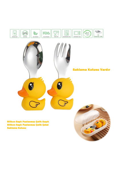 jojobebek Children's Stainless Steel Fork and Spoon Set with Duck Figure (Yellow Color)