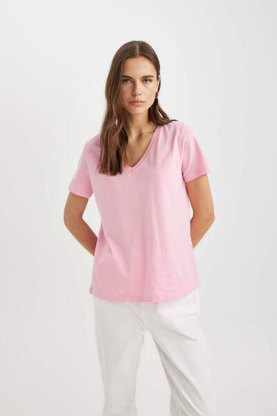 DeFacto V-nyakú fésült pamut rövid ujjú póló - normál szabású W9578az24sm