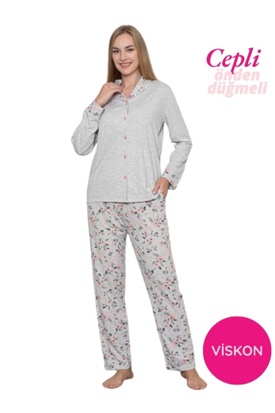 bie's Women's Beige Heart Seasonal Button Front Shirt Collar Lycra Viscose Long Sleeve Pocketed Pajama Set
