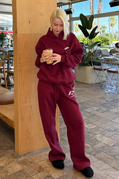 Madmext Bordo Kapüşonlu Baskılı Kadın Eşofman Takımı MG2524