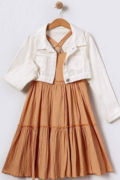 Bebüş Дівчачий білий піджак і коричневе плаття, двокомпонентний комплект, стильний комплект 15601