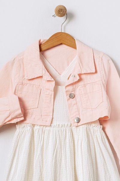 Bebüş Kız Çocuk Pembe Ceket ve Beyaz Elbiseli İkili Takım Şık Kombin Takım 15601