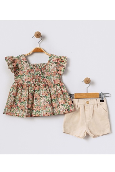 Bebüş Baby Girl Floral Print Ruffle Blouse and Cream Shorts Set of Two 15667