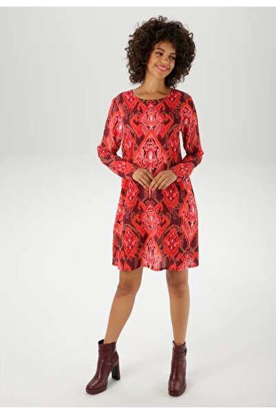 Şans Women's Plus Size Colorful, Shawl Pattern, Round Neck, Long Sleeve Dress 65N39098