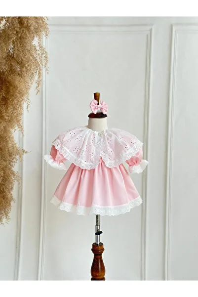 Hobidik Pink Mevlüt and White Scallop Collar Baby Kids Dress Set