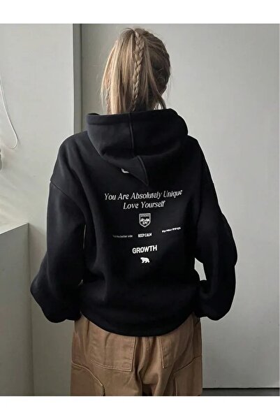 Elvino سويت شيرت أسود بقلنسوة كبير الحجم للنساء/الرجال مطبوع عليه حروف من الأ...