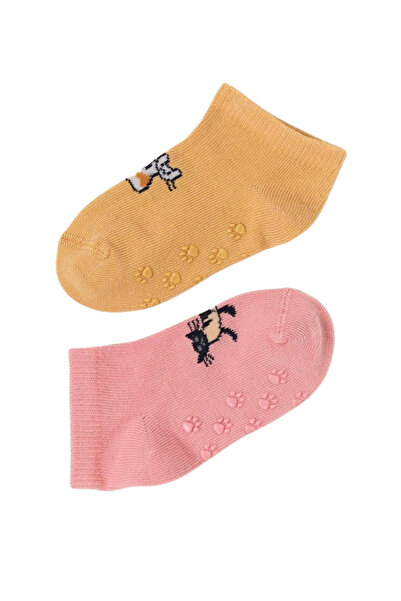 Katia&Bony Baby Cat Patterned 2-Piece Step Socks Pink-Brown