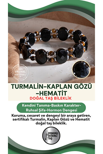 OSMANLI DEĞERLİ TAŞ SERTİFİKALI Turmalin-Kaplan Gözü-Hematit Doğal Taş Bileklik