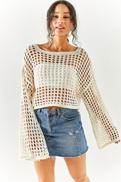 FAA BUTİK Kadın Krem Geniş Kalıp Pamuklu Ajurlu Hırka Crop İspanyol Kol Delikli Triko Kazak