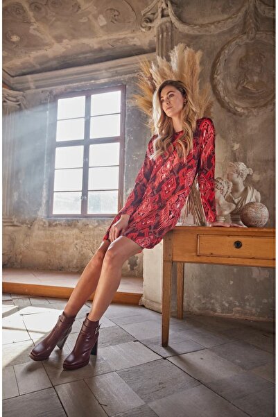 Şans Women's Plus Size Colorful, Shawl Pattern, Round Neck, Long Sleeve Dress 65N39098