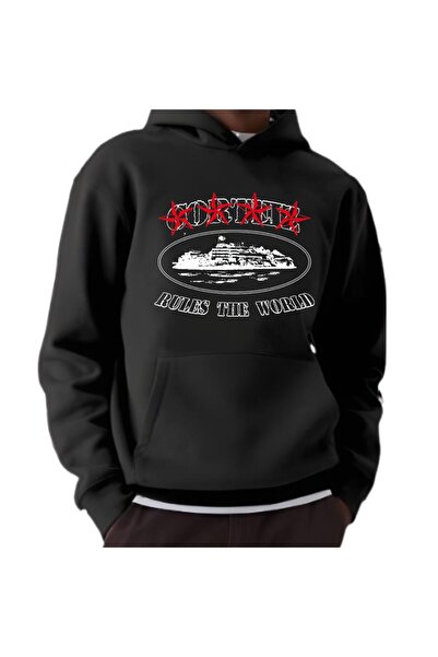 Elvino Hanorac negru cu glugă supradimensionată unisex pentru femei/bărbați cu imprimeu Crtz