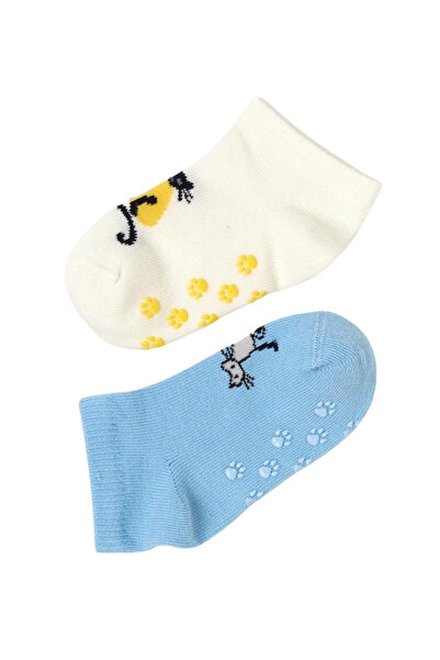 Katia&Bony Cat Patterned Baby 2-Piece Step Socks Ecru-Blue