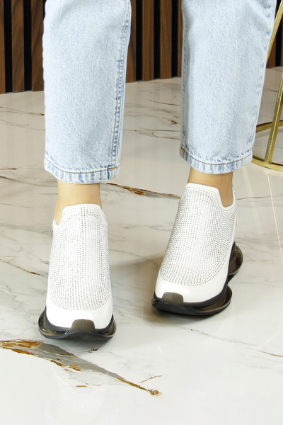 Erkan Saçmacı Viviana White Stone Stretch Hidden Wedge Heeled Casual Shoes