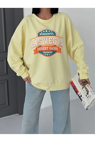 moda paketi Crew Neck Front Printed Oversize 2 Thread Sweatshirt Yellow