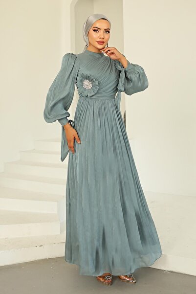 Olcay Βραδινό φόρεμα Yoyo μεταξωτό με λεπτομέρεια με πιέτες και κορδόνια, ΜΠΛΕ ΝΕΡΟΥ 1244