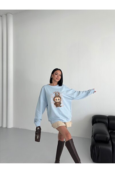 moda paketi Crew Neck Front Printed Oversize 2 Thread Sweatshirt