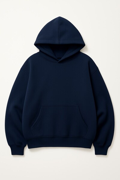 The Champ Clothing سويت شيرت بغطاء للرأس للجنسين مقاس كبير باللون الأزرق الداكن – غطاء للرأس، صوف ثلاثي الخيوط، جيب الكنغر، أساسي
