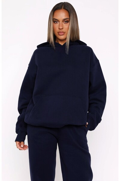The Champ Clothing سويت شيرت بغطاء للرأس للجنسين مقاس كبير باللون الأزرق الداكن – غطاء للرأس، صوف ثلاثي الخيوط، جيب الكنغر، أساسي