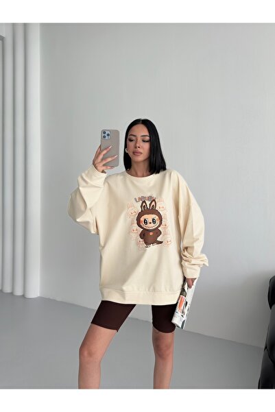 moda paketi Hanorac oversize cu 2 fire, cu decolteu crew, imprimat în față