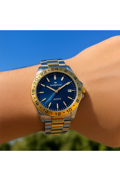 Gold Power Model Luxury Steel Gold Inside Navy Blue Color Case Flip Detailed Calendar Men's Wrist Watch