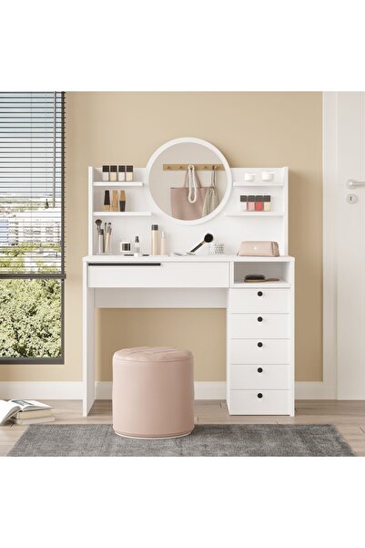 Yurupa Bohem Makyaj Masası 100cm Aynalı Çekmeceli Şifonyer Raf Beyaz BOH30-W