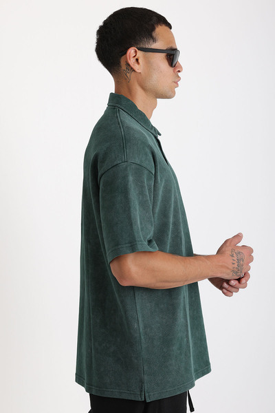 EGHO Washed Double Pique Fabric Men's Polo Neck Loose Fit T-Shirt with Tumbled Effect