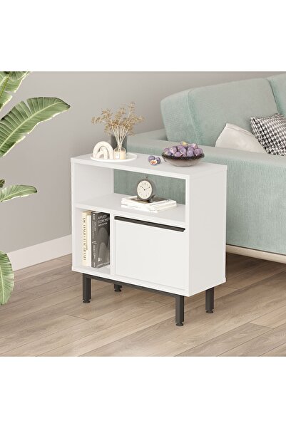Yurupa Bohem Yan Sehpa Komodin Kapaklı Metal Ayaklı Beyaz BOH6-W
