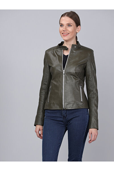 Basics&More سترة جلدية كاكي نسائية