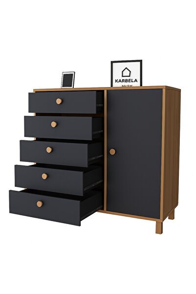 Kardelahome Kardela %100 Mdf Bebek Odası Çocuk Şifonyer 5 Çekmeceli Kapaklı Antrasit Atlantik Çam