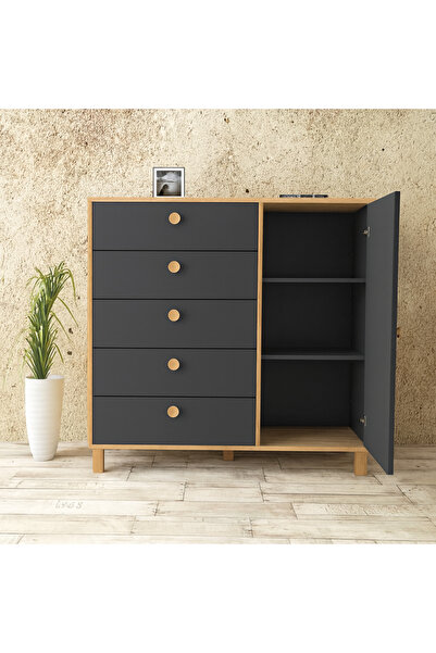 Kardelahome Kardela %100 Mdf Bebek Odası Çocuk Şifonyer 5 Çekmeceli Kapaklı Antrasit Atlantik Çam