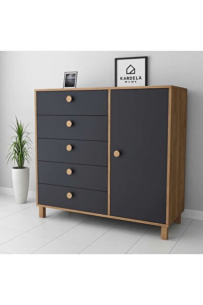 Kardelahome Kardela %100 Mdf Bebek Odası Çocuk Şifonyer 5 Çekmeceli Kapaklı Antrasit Atlantik Çam