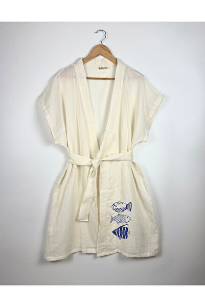 Kidilia Navy Blue Fish Visual Ecru Color Low Sleeve Muslin Kimono