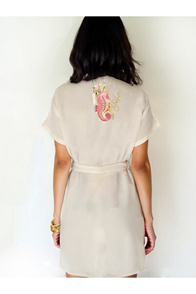 Kidilia Pink Seahorse Visual Ecru Color Low Sleeve Muslin Kimono