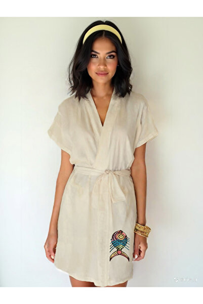 Kidilia Patterned Sequin Fish Visual Ecru Color Low Sleeve Muslin Kimono