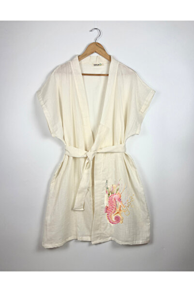 Kidilia Pink Seahorse Visual Ecru Color Low Sleeve Muslin Kimono