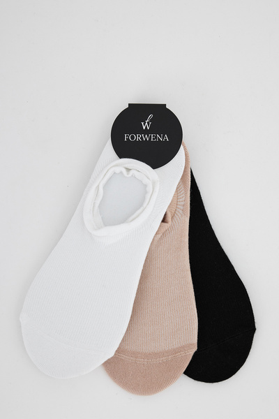 Forwena Pachet de 3 șosete pentru femei, cu dungi – negru, bej, alb modal, invizibil, fără cusături