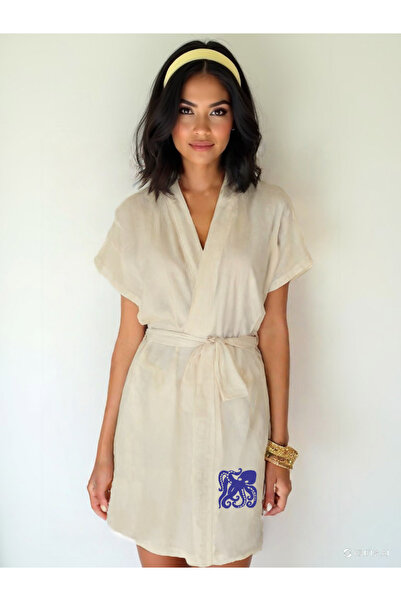 Kidilia Navy Blue Octopus Visual Ecru Color Low Sleeve Muslin Kimono