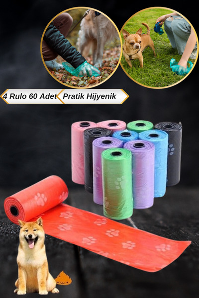 Hane Dostu 4 Rulo 60 Adet Pati Desen Pratik ve Hijyenik Köpek Kaka Poşeti | Kedi Köpek Dışkı Poşeti