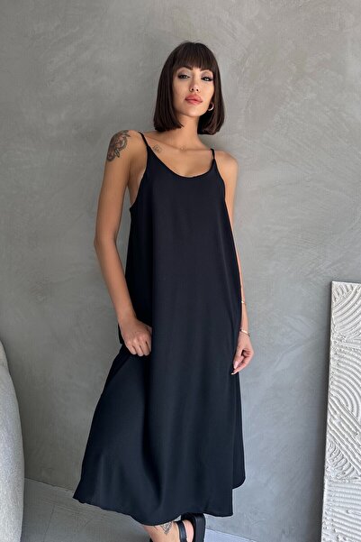 blck & premium Kadın Siyah Aerobin Kumaş Ayarlanabilir Askılı Uzun Elbise