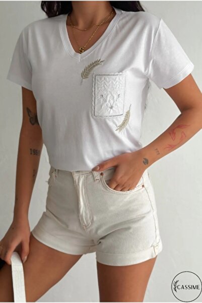Cassime Γυναικείο μπλουζάκι με παγιέτες και κεντήματα, 100% βαμβακερό, λευκό