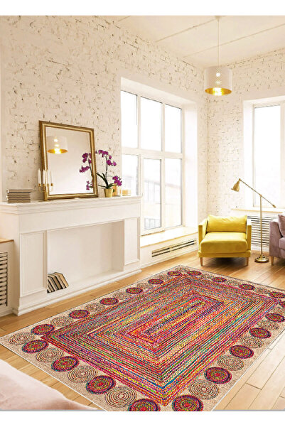 MUA HOME DECOR Kilim Hasır Desen Dijital Baskı Yıkanabilir Kaymaz Taban Salon...
