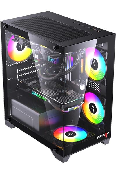 SPEARPC علبة ألعاب Sushi 345 Micro ATX -حجم لوحه أم (صغير) أسود، 4 مراوح ARGB وجهاز تحكم عن بعد