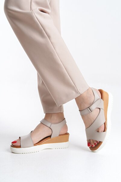 Tamdabu Ayakkabı Genuine Leather Beige Wedge Heel Orthopedic Sole Women's San...