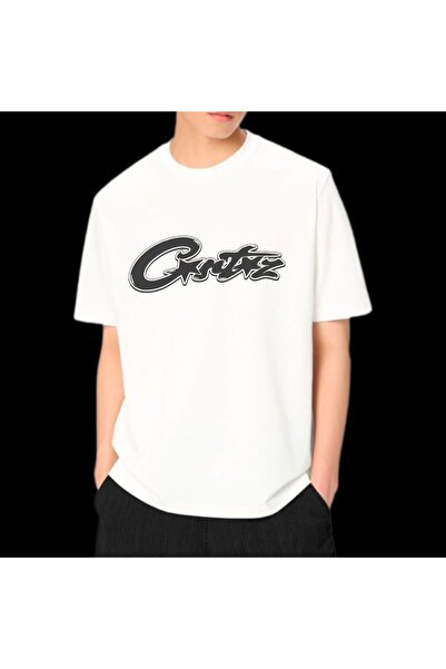 Elvino Crtz Printed Oversize Γυναικεία/Ανδρική Unisex λευκή μπλούζα με λαιμόκοψη