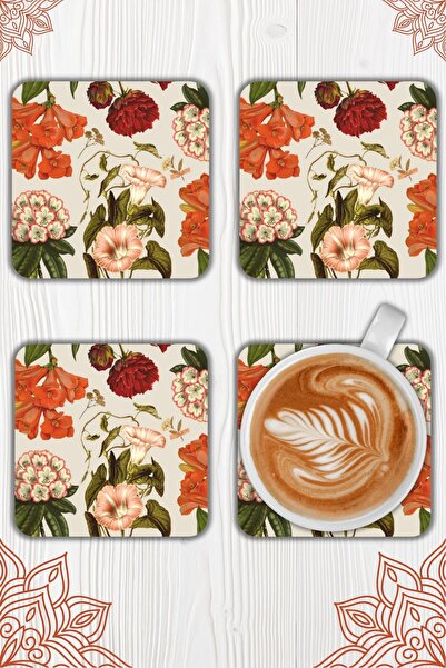 Nod Vintage Floral Patterned Set of 4 Square Coasters, Retro Home Decor & Sty...