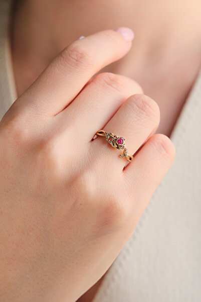 AURRARİ Gold Kırmızı Doğal Taşlı Çiçek Çelik Yüzük