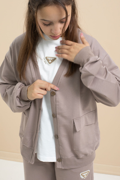Cansın Mini Brown Logo Detailed Buttoned Cardigan Girl's Slit 3-Piece Horse-Top Set 21376